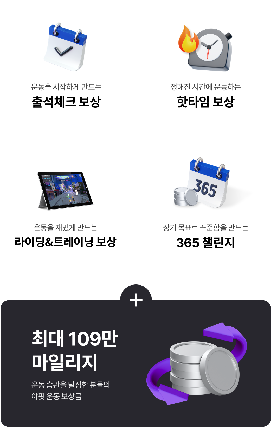 출석체크 보상, 핫타임 보상, 라이딩&트레이닝 보상, 365 챌린지