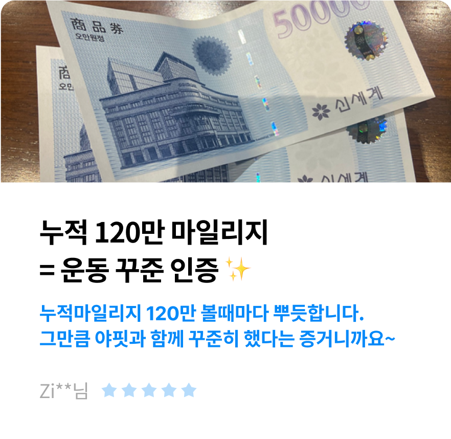 누적 120만 마일리지 = 운동 꾸준 인증 ✨ 누적마일리지 120만 볼때마다 뿌듯합니다. 그만큼 야핏과 함께 꾸준히 했다는 증거니까요~ -Zi**님-